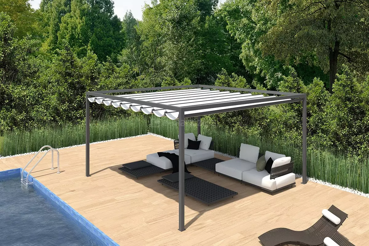 Dragon free-standing pergola, free-standing pergolas, free-standing roof, roll-up terrace roof