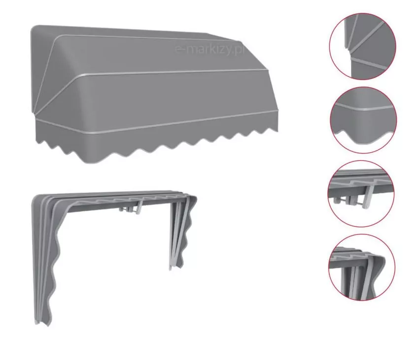 Awnings up to a radius of 100 cm have 3 fields, and those above 100 cm have 4 fields. Possible straight or wavy ruffle.