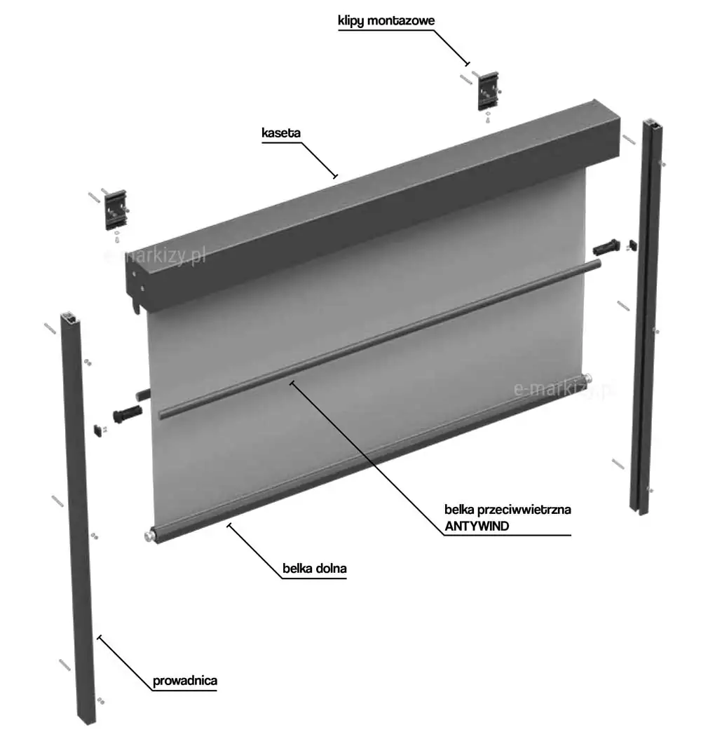 Concealing Facade Sun Screen 120 Selt, Concealing Facade Sun Screen Components, Concealing Facade Sun Screen cassette mounting clips, fabric bottom beam, windbreak beam, Concealing Facade Sun Screen fabric guide