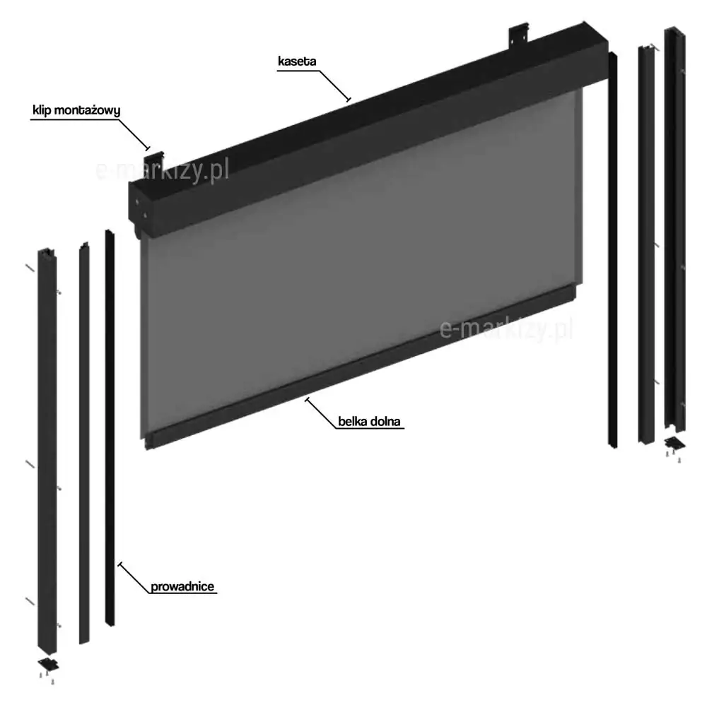 Concealing Facade Sun Screen 120 ziiip, Components of Concealing Facade Sun Screen, bottom beam, cassette, mounting clip, guide, Concealing Facade Sun Screen Ziiip 120 - Technical Data