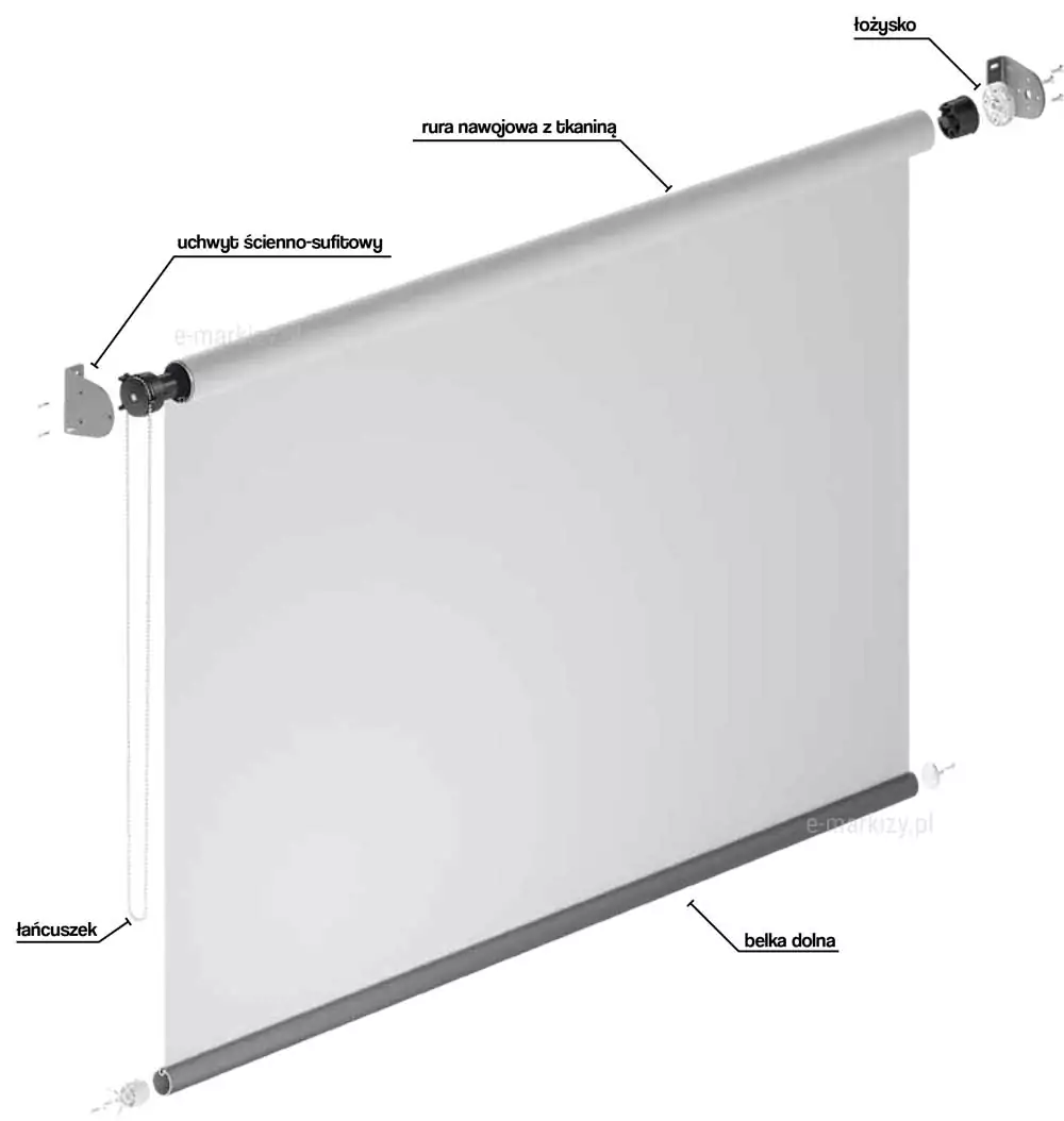 Open Roller Sun Screen XL MA Selt, Open Roller Sun Screen components, roller tube, bearing, wall and ceiling mount, chain, bottom beam