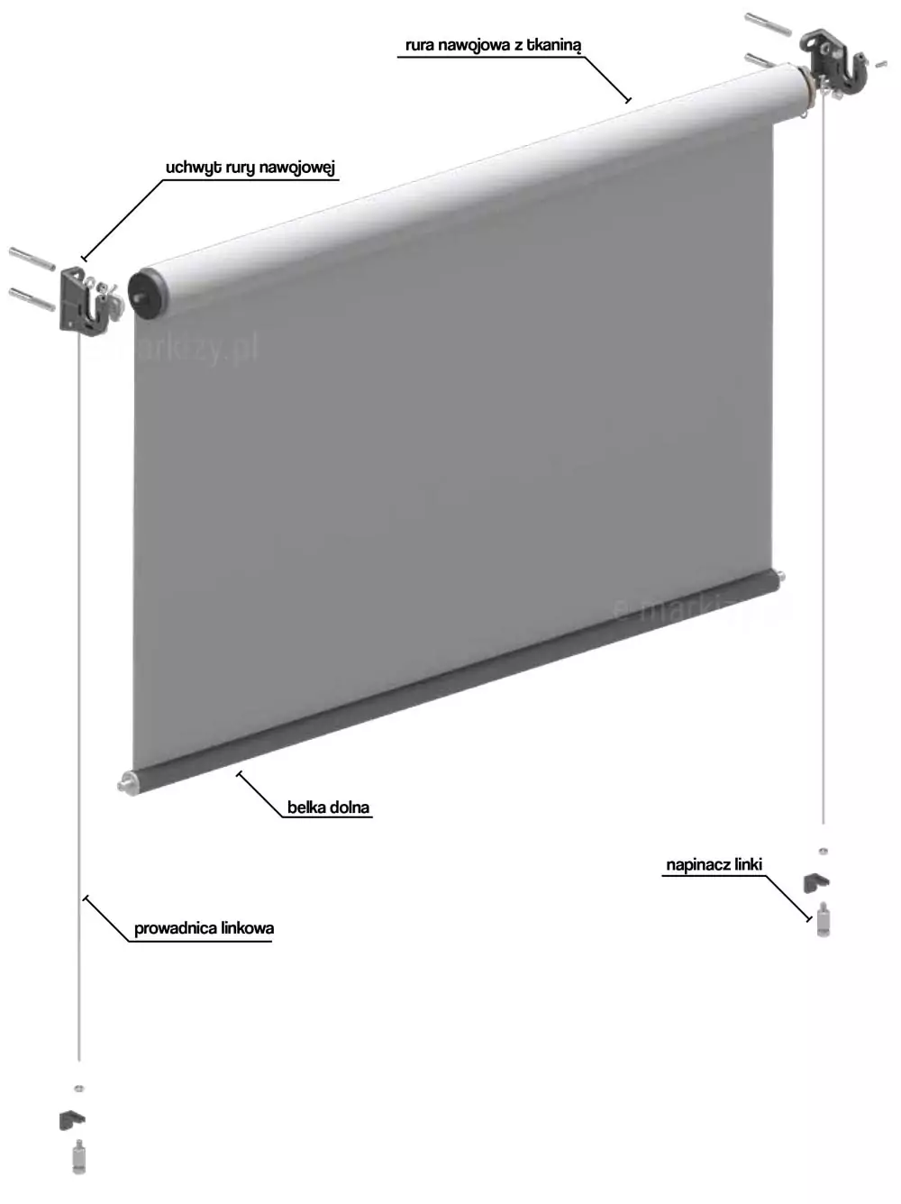 Open Roller Sun Screen XS Selt, Open Roller Sun Screen components, wall and ceiling mount, roller tube with fabric, cable guide, cable tensioner, cable holder