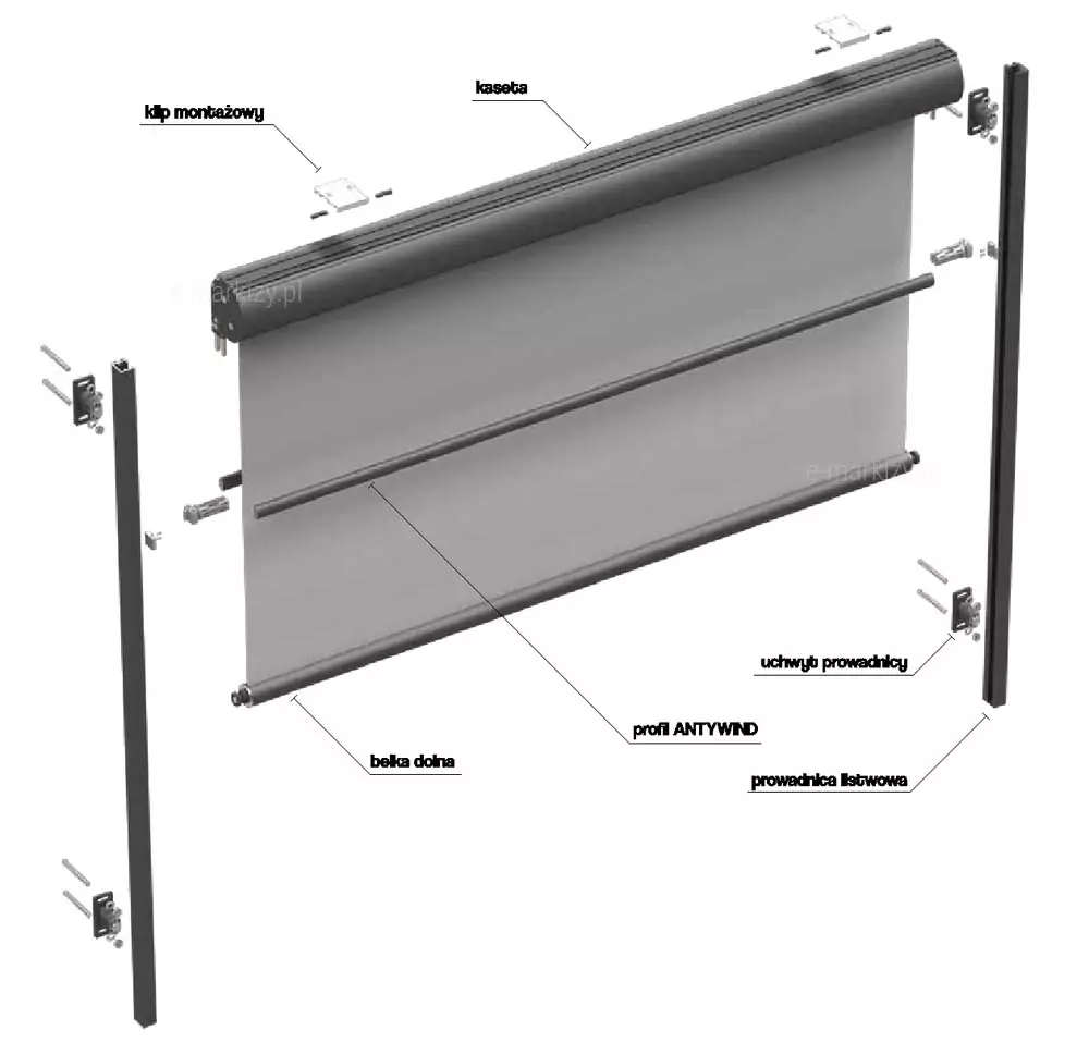 Cassette Sun Screen 103 selt, Cassette Sun Screen components, mounting clip, reflexola cassette, guide holder, slat guide, bottom beam, anti-wind profile, wind protection profile, Cassette Sun Screen 103 - Technical Data