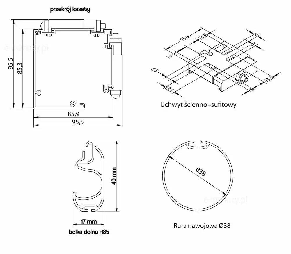 Cassette Sun Screen 85 Manual, Cassette Sun Screen cassette, ceiling and wall mount, bottom beam, roller tube, cross-section of the Cassette Sun Screen cassette