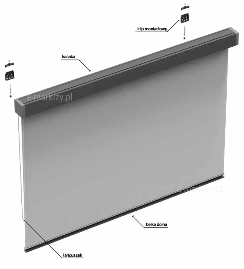 Cassette Sun Screen 85 Manual, Cassette Sun Screen components, mounting clip, cassette, lower beam, chain