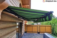 Awning with electric manual adagio drive, awning motor with emergency manual opening