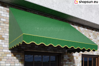 Triangular basket awning with a wavy valance and an aesthetic border in the color of the structure