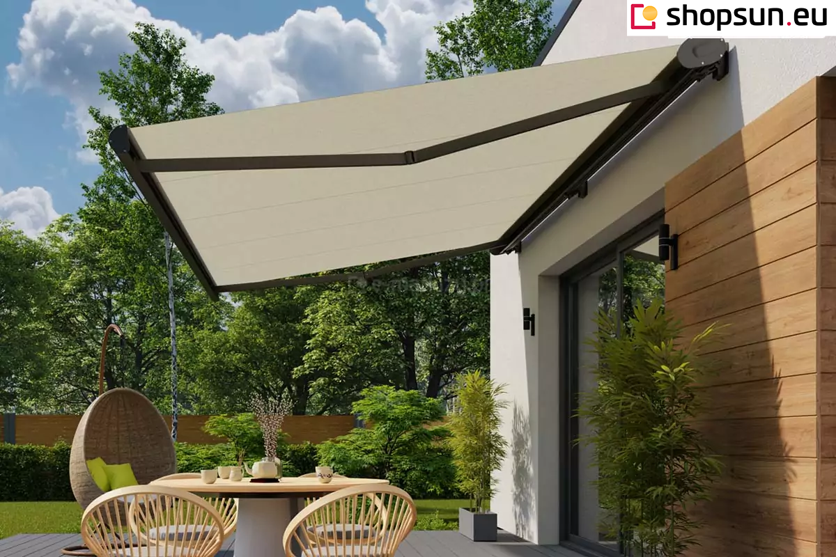 Casablanca terrace awning with an electric motor mounted to the wall