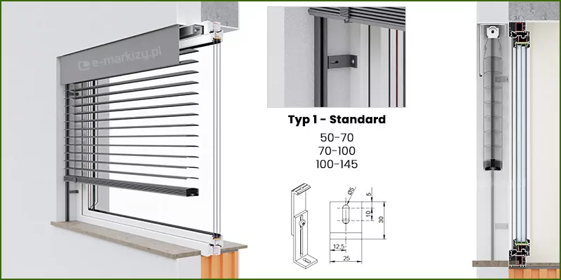 Venetian Blinds c80 measurement, variant 1, installation in a recess - guides on angle brackets