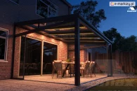 Glass terrace structure with warm, bright LED lighting and sliding glass side walls