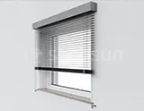 Facade blinds with open louvers on the window opening