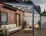Aluminum canopies with roofs made of multiwall polycarbonate.