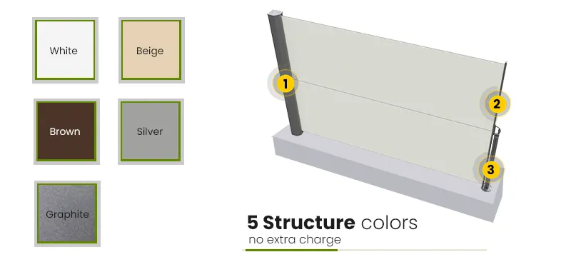 side awnings frame colors, powder coating for awnings, terrace screen color options