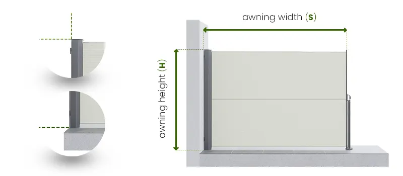 Side awning measurement, side awnings how to measure, Bora side awning sizing, terrace screen measurement