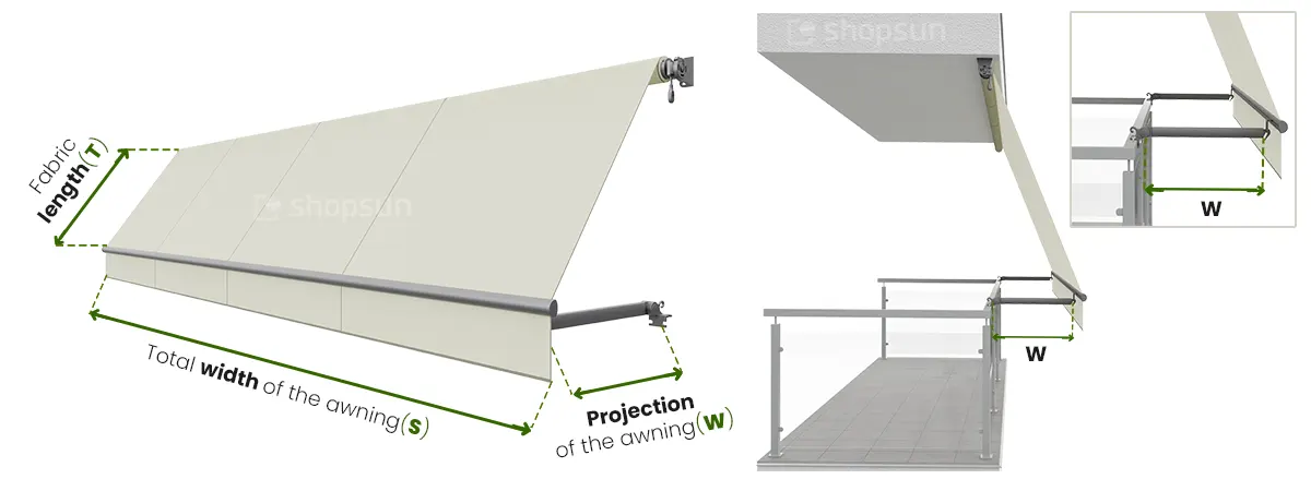 Measurement of the balcony awning - width and projection, obtaining the dimensions of the total width S and fabric projection W