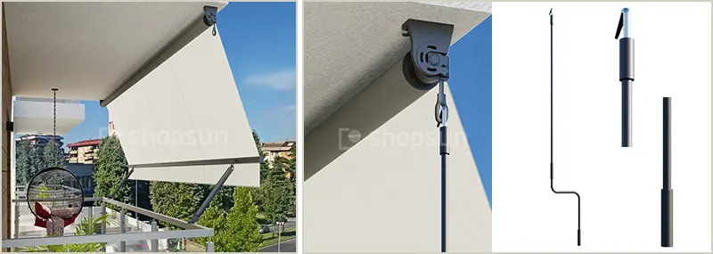 balcony awning crank, crank-operated awnings, balcony handrail awning