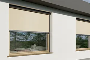 External Screen blind with beige fabric mounted in the window recess