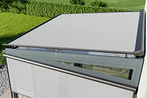 Modularly connected horizontal Veranda blinds covering a large roof skylight. The bright orange fabric ensures a constant flow of light.